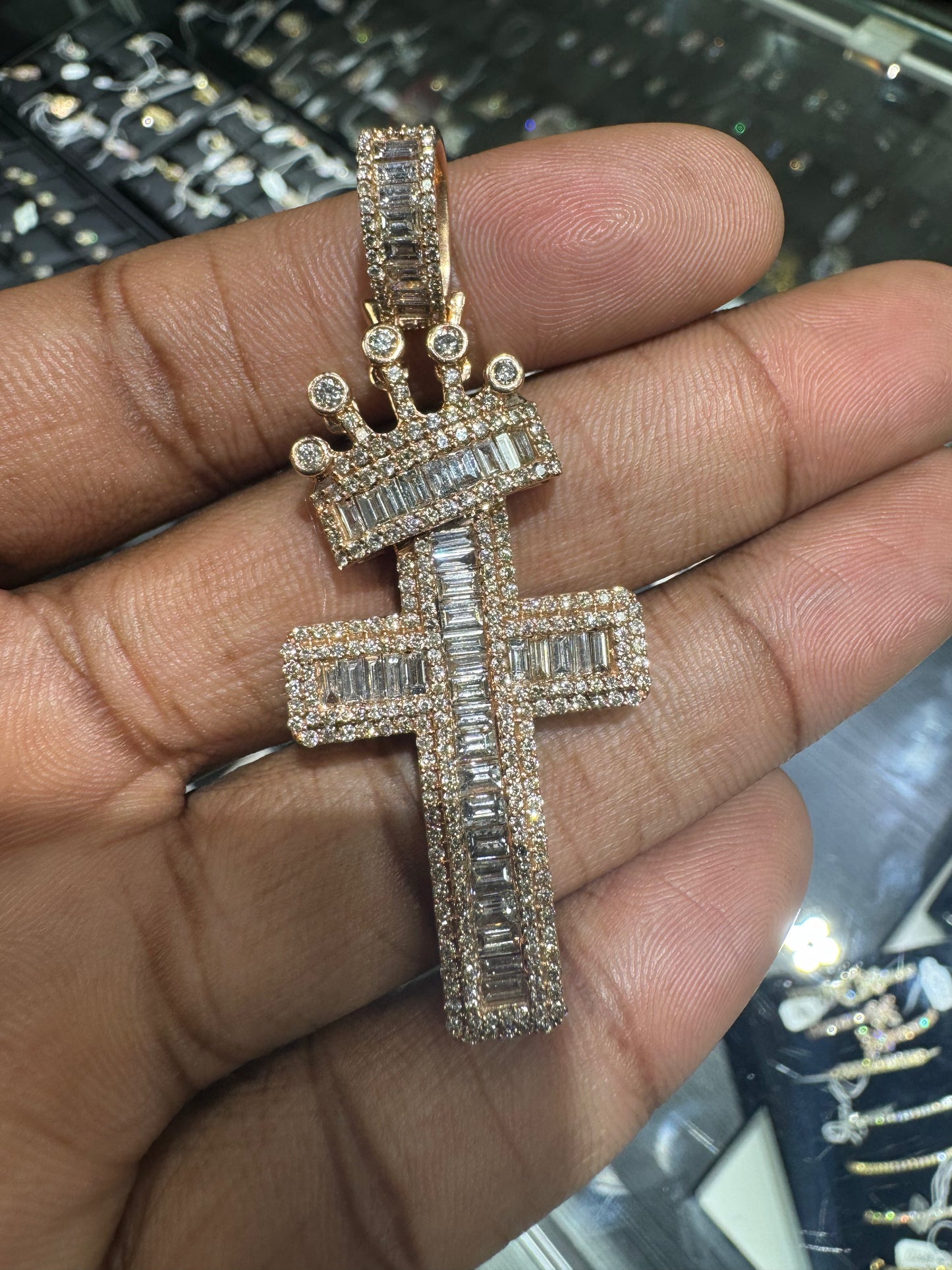 Diamond Emerald Cross With Crown Rose Gold