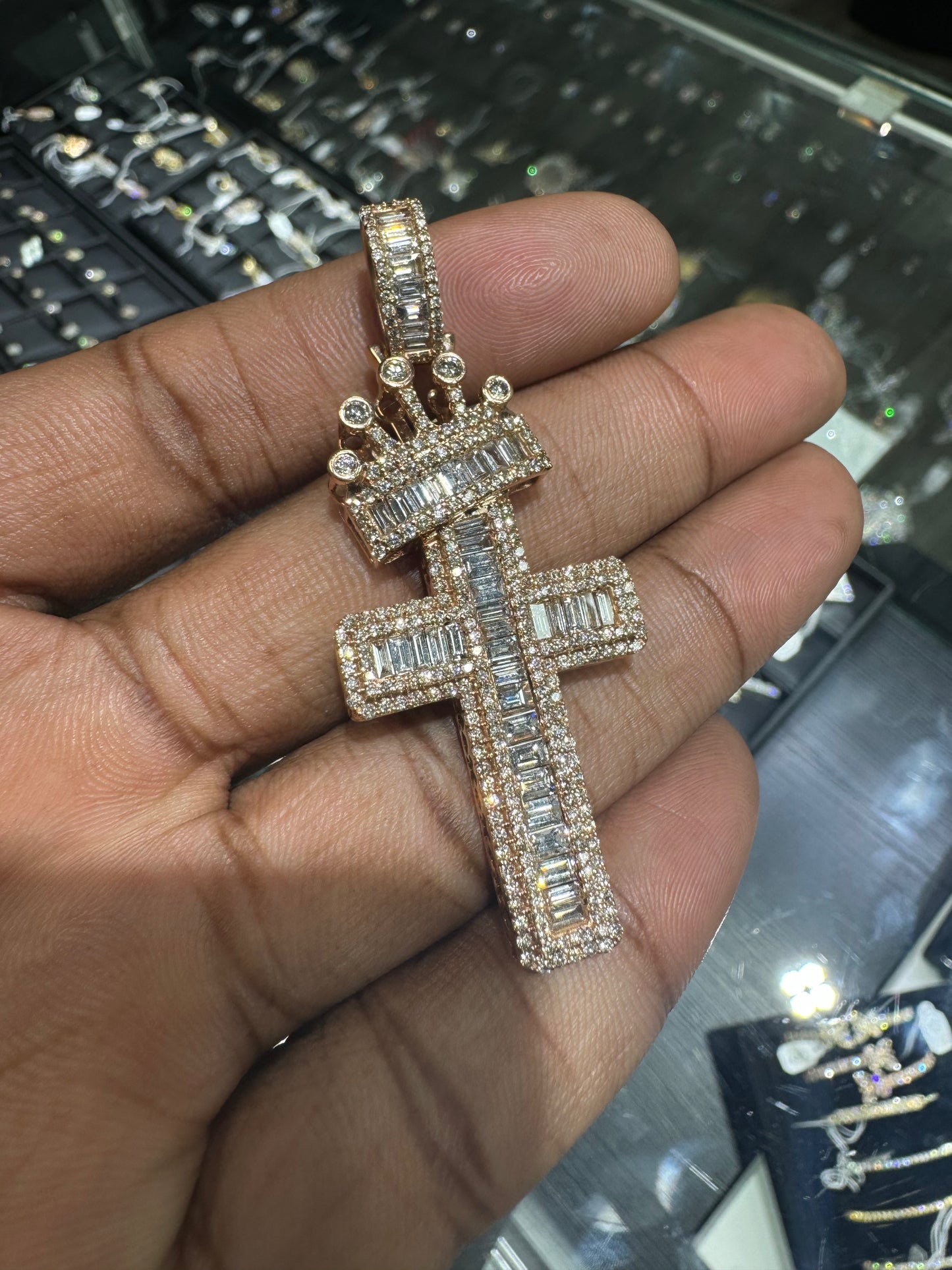 Diamond Emerald Cross With Crown Rose Gold